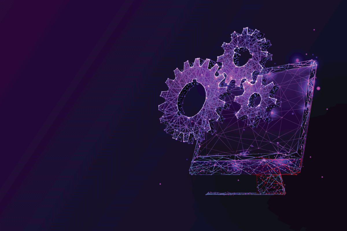 Illustration of gears emerging from desktop Mac computer.